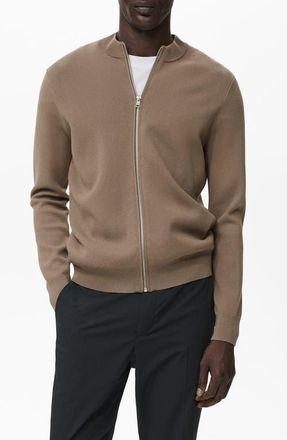 Mango Crewneck Zip Cardigan in Medium Brown at Nordstrom, Size Small