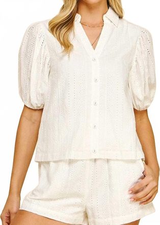 Pinch Design Eyelet Embroidered Puff Sleeve Top In White