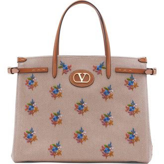 Valentino Garavani Medium Antibes Flower Embroidered Canvas Tote in Tobacco at Nordstrom