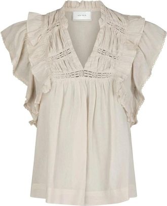 Neo Noir Feminine Voile Blouse met Ruches - Dames - Blouses - Beige - XS - Katoen - Overhemden
