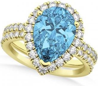 Allurez Blue Topaz & Diamonds Pear-Cut Halo Bridal Set 14K Yellow Gold (2.18ct)
