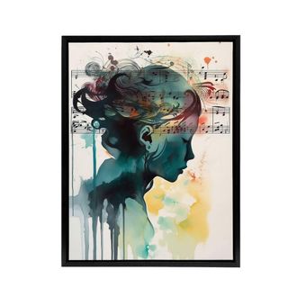 Artery8 Woman Watercolour Portrait With Music Notes Framed Canvas Wall Art Print | Size: W24 x H32