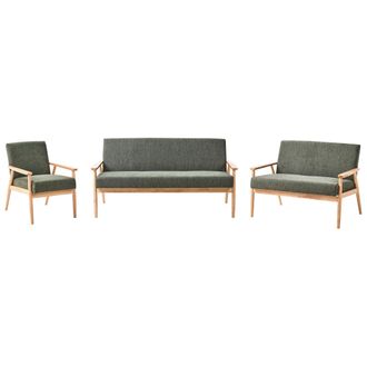 Beliani Conjunto De Sala De Estar Retro Sof&aacute; 3 Plazas Sof&aacute; 2 Plazas Y Sill&oacute;n Tapizado De Poli&eacute;ster Estructura De Madera Verde Y Marr&oacute;n Claro Esrum