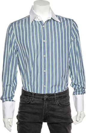 Dsquared2 Blue Striped Cotton Contrast Collar Button Front Shirt