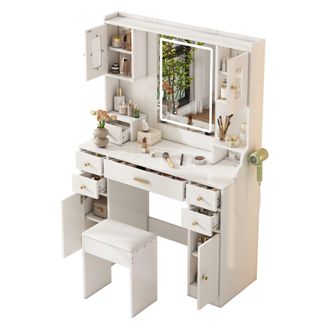 STILVORA Tocador Con 6 Cajones Y 4 Puertas, Espejo Led, Enchufes Y Usb, Para Dormitorio, En Tablero De Part&iacute;culas, 105&times;40&times;152 Cm, Blanco