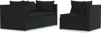 vidaXL Set De Muebles De Jard&iacute;n 3 Pzas Y Cojines Rat&aacute;n Sint&eacute;tico Negro Vidaxl