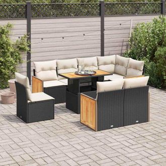 vidaXL Set Sof&aacute;s Jard&iacute;n Y Cojines 9 Pzas Rat&aacute;n Sint&eacute;tico Acacia Negro Vidaxl