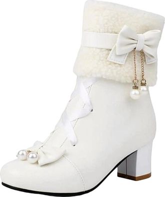Generic Womens Ankle Boots Round Toe Medium Square Heel With Side Zipper Butterfly-Knot And Pearl Cutout Details