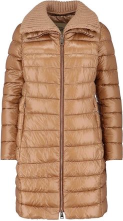 Herno Long Quilted Brown Piumino With Removable Knit Collar