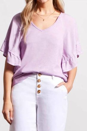 Tribal Raglan Pop Over V Neck Double Frill Short Sleeve Top In Lilac
