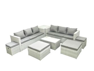 Fimous 8 Pieces Rattan Garden Furniture Set Outdoor Garden Sofa Coffee Table Set with Side Table 4 Footstools Light Grey Mixed
