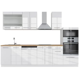 Vicco Cucina componibile Fame-Line, Bianco lucido/bianco, 300 cm con armadio alto, pl Rovere