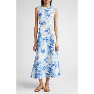 Lafayette 148 New York Floral Sleeveless Silk & Linen Fit & Flare Dress in Blue Oasis Multi at Nordstrom, Size 12