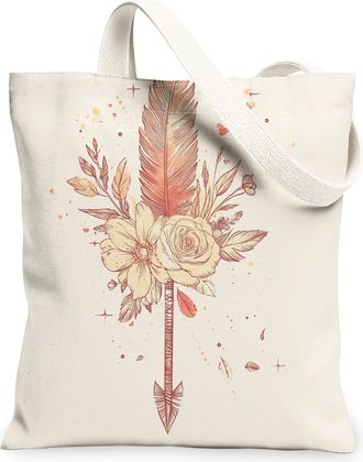 Generic Floral Arrowhead Canvas Tote Bags, Vintage Bohemian Feather Design Reusable Grocery Bags, Lightweight Washable Shoulder Strap Canvas for Travel Beach 