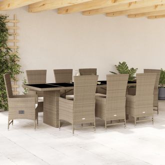 vidaXL Set Comedor De Jard&iacute;n 9 Pzas Con Cojines Rat&aacute;n Sint&eacute;tico Beige Vidaxl