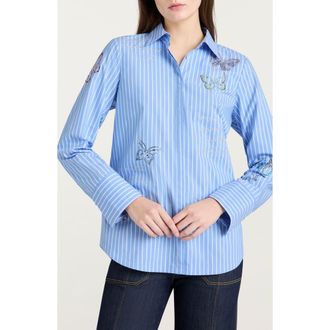 Cinq &agrave; Sept Lisa Beaded Butterfly Stripe Cotton Blend Button-Up Shirt in French Blue/White at Nordstrom Rack, Size Large