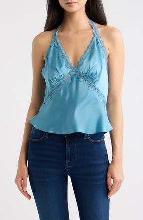 Reformation Monica Lace Trim Silk Halter Top in Siren at Nordstrom, Size X-Small