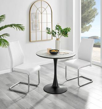 Furniturebox Elina White Marble Effect Scratch Resistant Dining Table & 2 Lorenzo Faux Leather Chairs