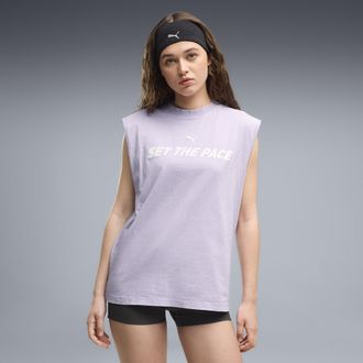 Puma T-shirt senza maniche e grafica Run Culture Collective dal taglio morbido da donna, Abbigliamento, Viola, XL