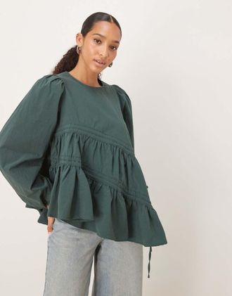 Ghospell Top verde bosco con dettagli asimmetrici con coulisse