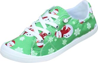 Generic Fashion Autumn Winter Women Casual Flat Shoes Round Toe Lace Up Comfort Non Slip Sole Christmas Holiday Print Design Daily Walking Footwear (Green, 4.