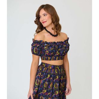 Unique Vintage 1970s Off Ruffle Up Crop Top in Purple W/Plants Print at Nordstrom, Size X-Large