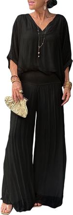 Generic Pant Suits for Women Chiffon V Neck 3/4 Sleeve 2 Piece Outfits Dressy Casual Wide Leg Formal Pantsuits (Black,M)