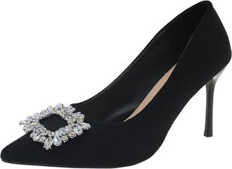 Generic Womens Stiletto High Heel Pumps Velvet Rhinestones Buckle Pointed Toe Office Dressy Wedding Shoes Slip On (Black,7.5)