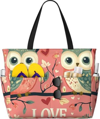 Generic Cute Owl Heart Print Large Beach Bag Foldable Travel Shoulder Tote Bag With Pocket For Weekender Pool Vacation