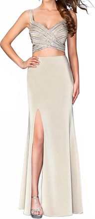 La Femme Glittering Stripes Crisscross Evening Dress In Nude