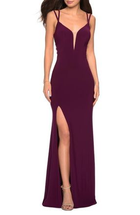 La Femme Sultry Long Dress with Intricate Strappy Back in Dark Berry at Nordstrom, Size 00