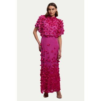 Karen Millen Crystal Applique Angel Sleeve Maxi Dress in Hot Pink at Nordstrom, Size 10
