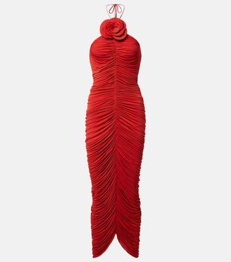 Magda Butrym Floral-applique ruched jersey midi dress