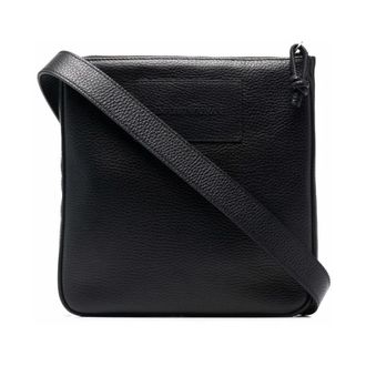 Emporio Armani Messenger Bags, male, Black, Size: ONE SIZE Flat Tumbled Leather Shoulder Bag