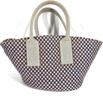 Herm&egrave;s Beige Navy Linen Handbag Tote Bag (Pre-Owned)