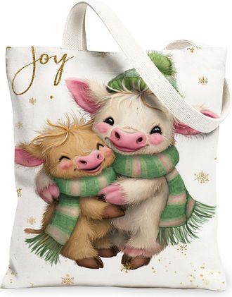 Generic Joyful Animal Canvas Tote Bags, Adorable Cows Pattern Reusable Grocery Bags, Winter Festive Lightweight Washable Shoulder S, White, 13x15 Inch