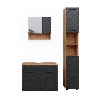 Vicco Conjunto De Muebles De Ba&ntilde;o Irma, Rayas Antracita, 3 Piezas, Con Cajonera Y Mueble Alto