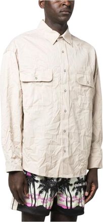 Palm Angels Casual Shirts, male, Beige, L, Logo-print Long-sleeve Shirt