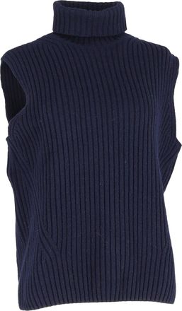 Dries Van Noten Ribbed Turtleneck Vest Sweater in Navy Blue Wool