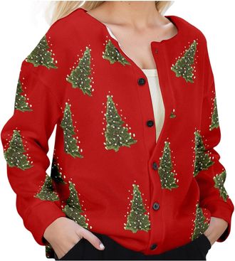 Generic 2025 Christmas Womens Cardigan Lightweight Long Sleeve Button Top Ladies Chunky Cable Knit Reindeer Christmas Print Winter Cardigans Loose Funny Snowm
