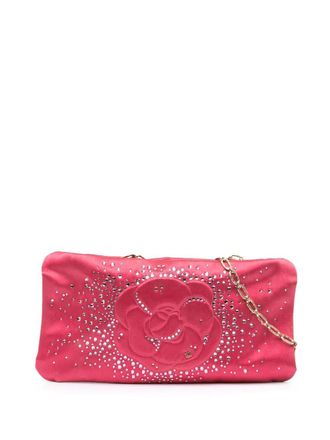 Chanel 2009-2010 Satin Diamante Camellia Clutch with Chain shoulder bag - women - Satin - One Size - Pink