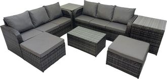 Fimous Outdoor 3 Seater Sofa Coffee Table Set Garden Rattan Furniture Set 8 Seater with 2 Big Stool 2 Side Tables Dark Grey - Fimous