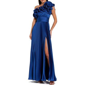 Mac Duggal Pleated Charmeuse One Shoulder Ruffle Gown in Cobalt at Nordstrom, Size 10