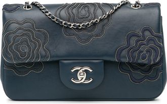 Chanel Blue Medium Embroidered Lambskin Camellia Follies Flap Bag