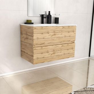Aurlane Mueble De Ba&ntilde;o 80cm 2 Cajonesroble Natural + Lavabo De Cer&aacute;mica Blanco - Timber 80