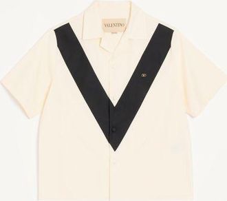 Valentino Camicia Da Bowling Valentino In Popeline Di Cotone Con V Intarsiata E Vlogo Patch Uomo AVORIO/NERO 44