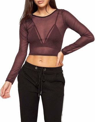 The Celebrity Fashion Womens Sheer Mesh Crop Top Ladies Long Sleeve Crew Neck Plain Stretch New 8-14