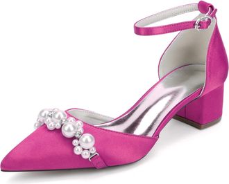Generic Bridal Shoes Womens Block Heel Pearl Satin Closed Pointed Toe Low Heel Pump Party Wedding Dress Shoes 4.5Cm,Fuchsia,10 UK