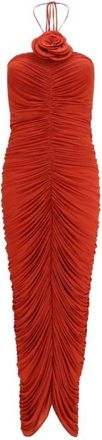 Magda Butrym Kleedjes, Dames, Rood, S, Jurk met bloemenapplicatie en draperie
