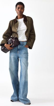 H&M Jacket with corduroy collar in Dark Khaki Green at Nordstrom, Size Xx-Large